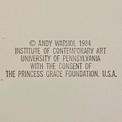 Text attribution to Andy Warhol, Institute of Contemporary Art, University of Pennsylvania, and The Princess Grace Foundation on a beige background.