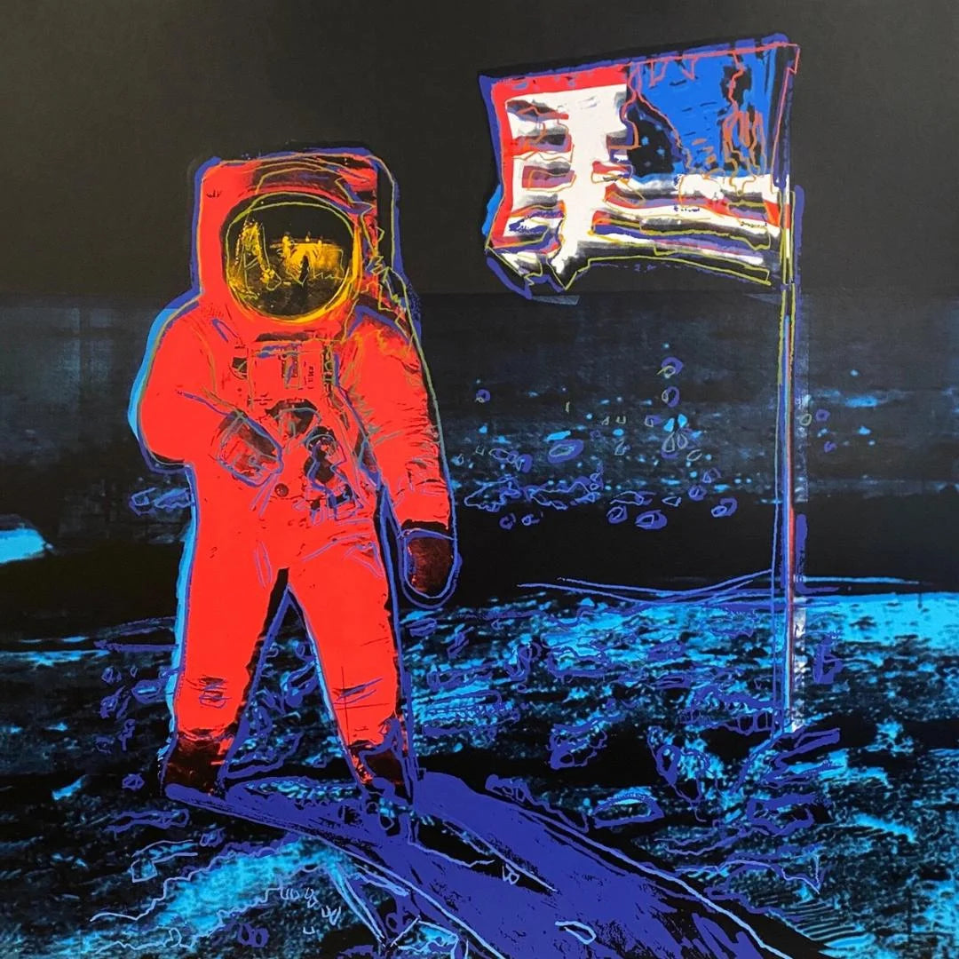 Colorful illustration of an astronaut on the moon with a flag