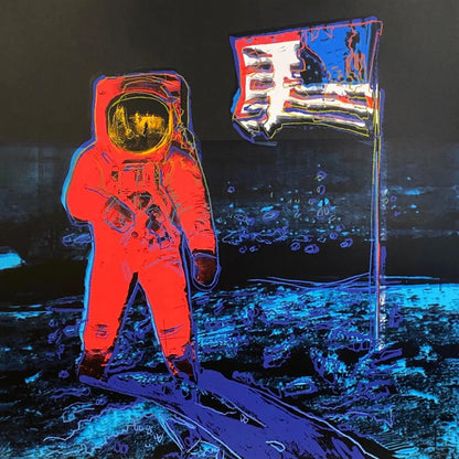 Colorful illustration of an astronaut on the moon with a flag