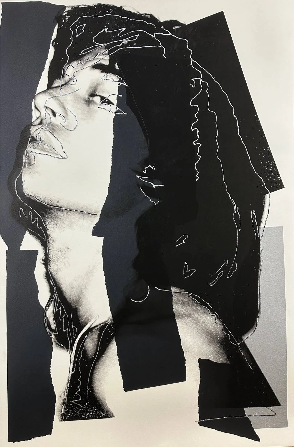 Black and white abstract art piece with a face and geometric shapes