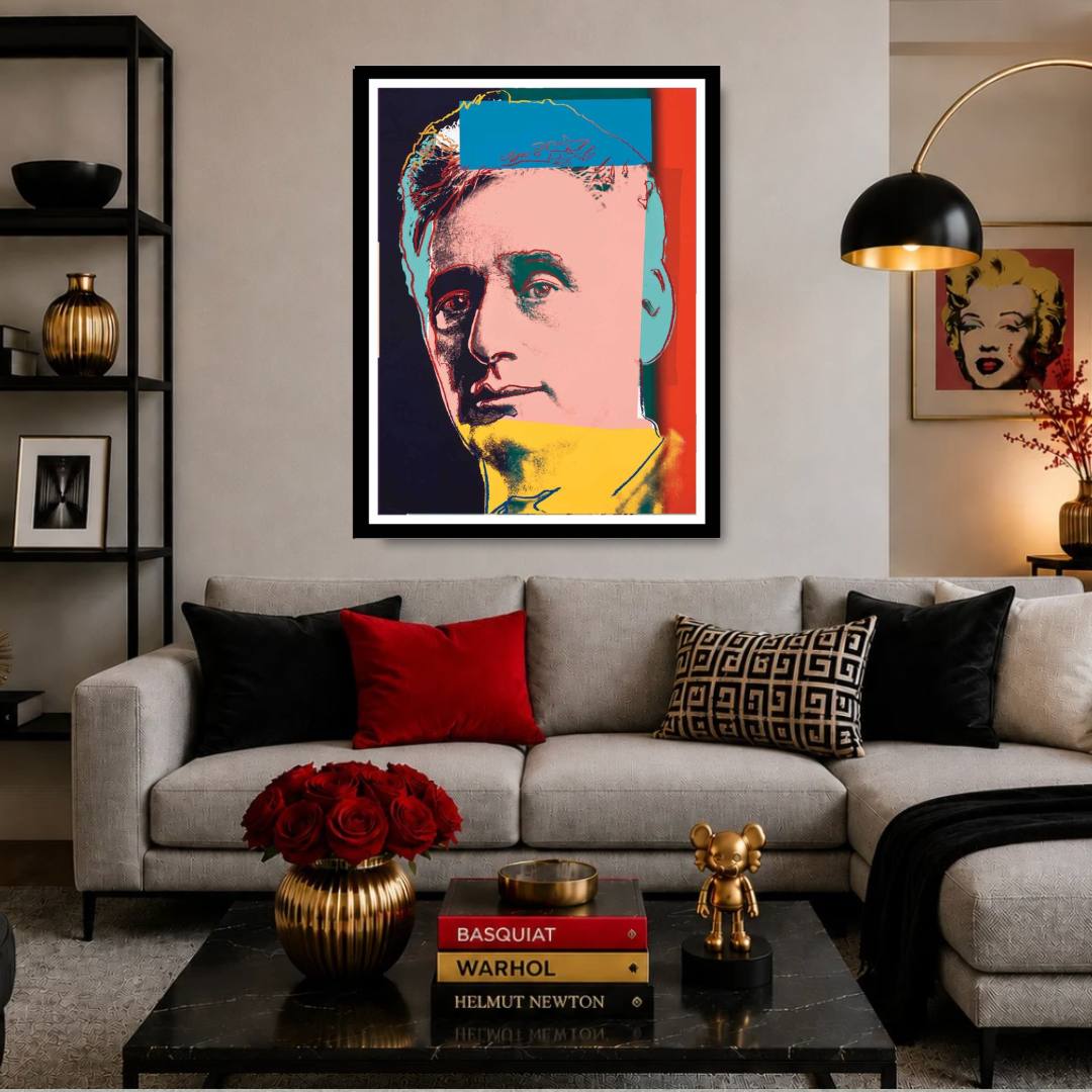 Living room with a gray sofa, colorful abstract portrait, and decorative items.