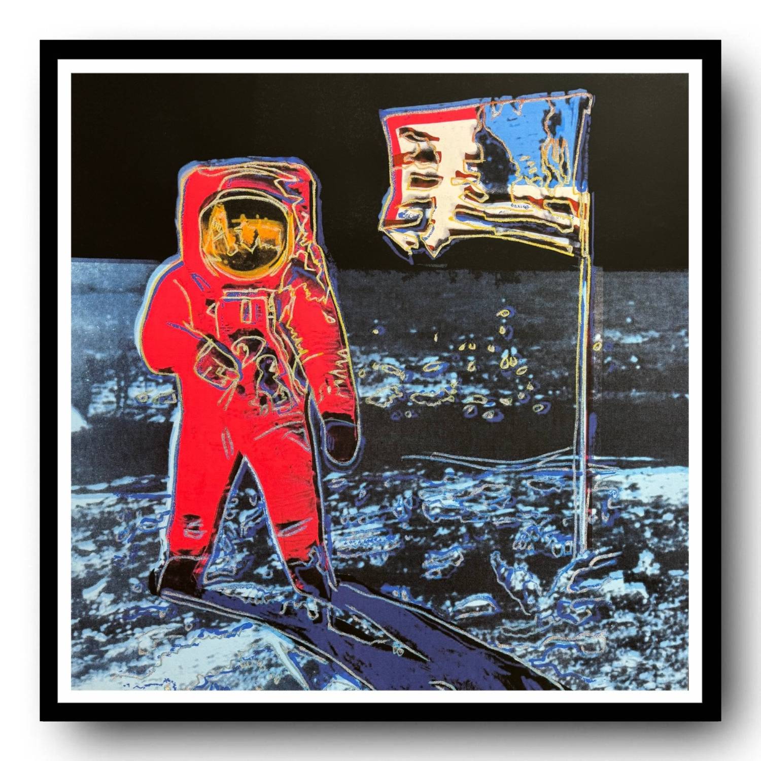 Framed artwork of an astronaut on the moon with a flag, against a black background.