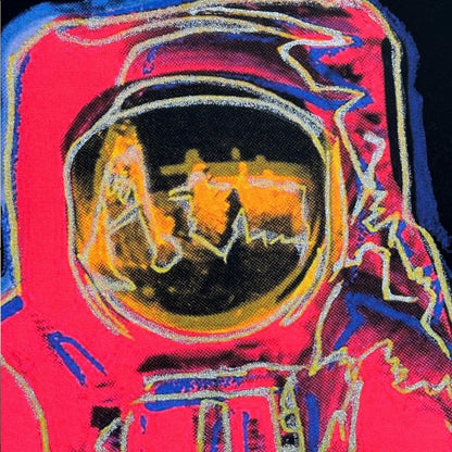 Colorful abstract depiction of an astronaut inside a space suit with a red background