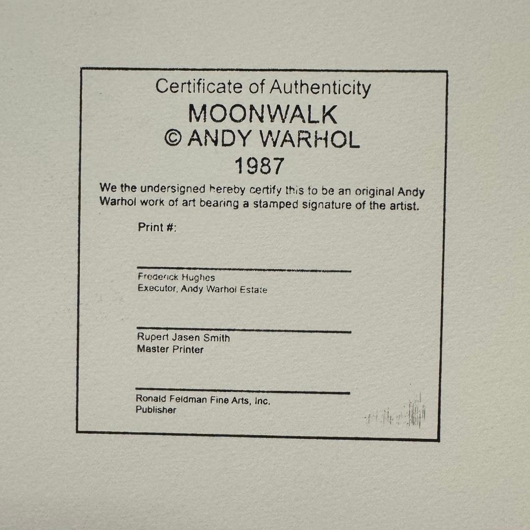Certificate of Authenticity for Andy Warhol's 'Moonwalk' from 1987 on a gray background.
