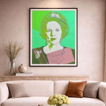 ANDY WARHOL “Queen Beatrix Netherlands" #341– Trial Proof Green Decor Idea above couch living room background