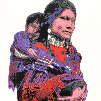 Colorful depiction of a woman holding a child against a white background