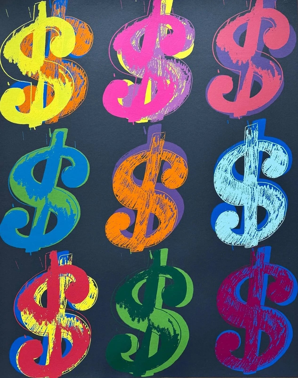 ANDY WARHOL- 2 Piece Pkg: “9 Dollar Bill"- Two Trial-Silkscreens- Black & Blue Bkgrd- 40x32" Superb Quality- Both Beautiful