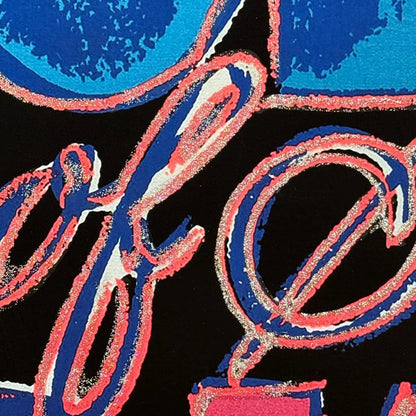Colorful abstract design with blue and pink elements on a black background