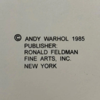 Copyright notice for Andy Warhol from 1985, published by Ronald Feldman Fine Arts, Inc., New York.