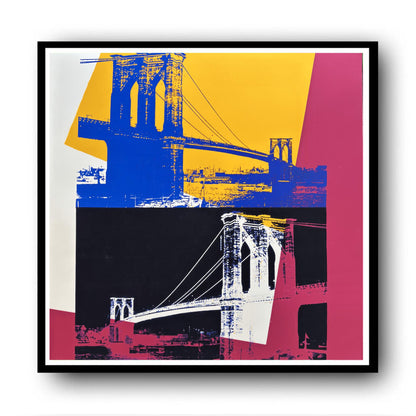 Framed artwork of a stylized Brooklyn Bridge with abstract color block design.