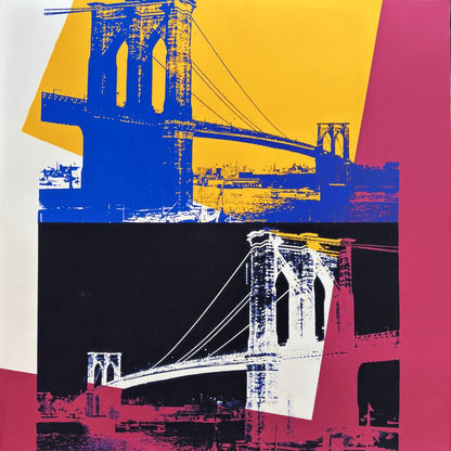 Abstract depiction of a bridge with geometric color blocks