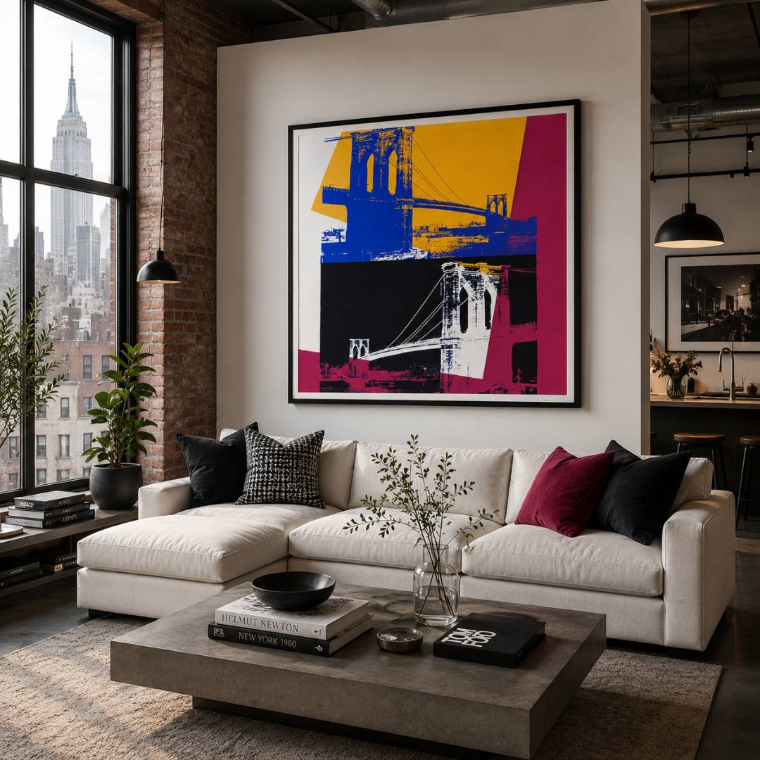 Modern living room with a white sectional sofa, abstract art, and cityscape view.