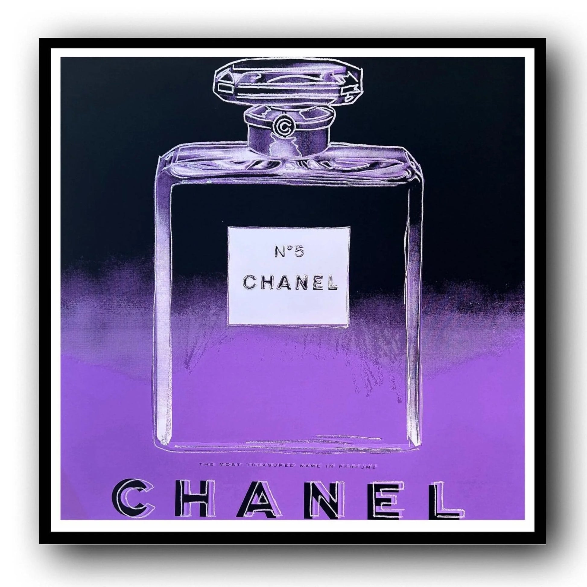 Framed artwork of a Chanel No. 5 perfume bottle with a purple gradient background.