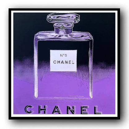 Framed artwork of a Chanel No. 5 perfume bottle with a purple gradient background.