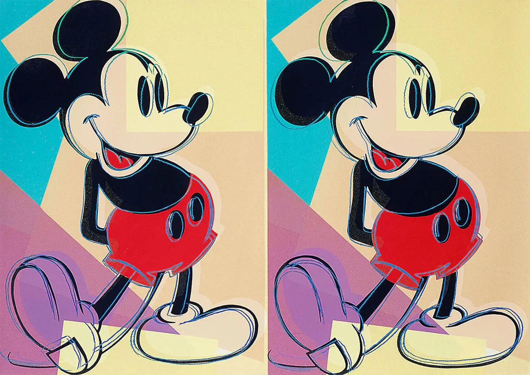 Two identical cartoon characters in a stylized art form with geometric shapes.