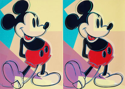 Two identical cartoon characters in a stylized art form with geometric shapes.