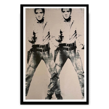 Framed artwork of a stylized portrait with a person holding a gun, on a plain background.