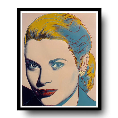 Framed artwork of a stylized portrait with colorful hair and earrings.
