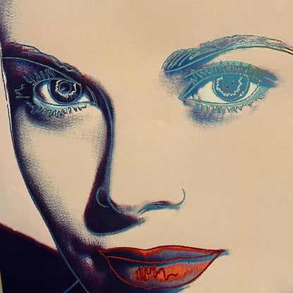 Artistic illustration of a face with stylized eyes and lips on a beige background