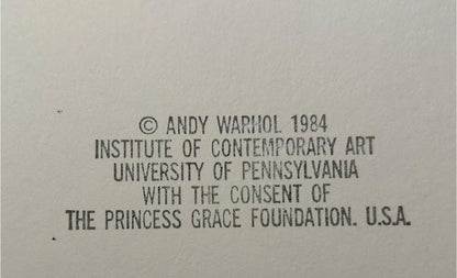 Text attribution to Andy Warhol, Institute of Contemporary Art, University of Pennsylvania, and The Princess Grace Foundation on a gray background.