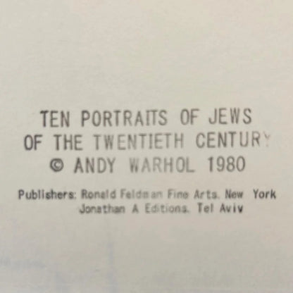 Text on a beige background indicating 'Ten Portraits of Jews of the Twentieth Century' by Andy Warhol, published in 1980.