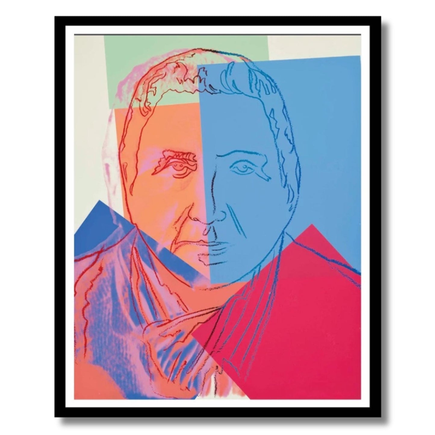 Colorful abstract portrait art piece with a black frame.