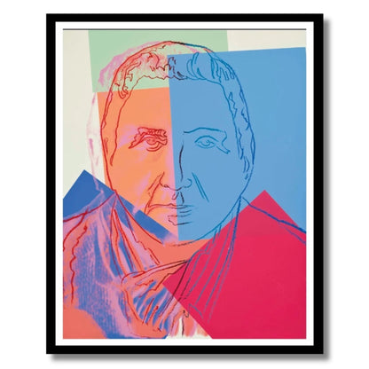 Colorful abstract portrait art piece with a black frame.