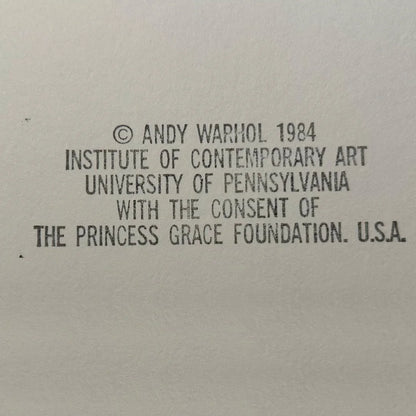 Text attribution to Andy Warhol, Institute of Contemporary Art, University of Pennsylvania, and The Princess Grace Foundation on a gray background.