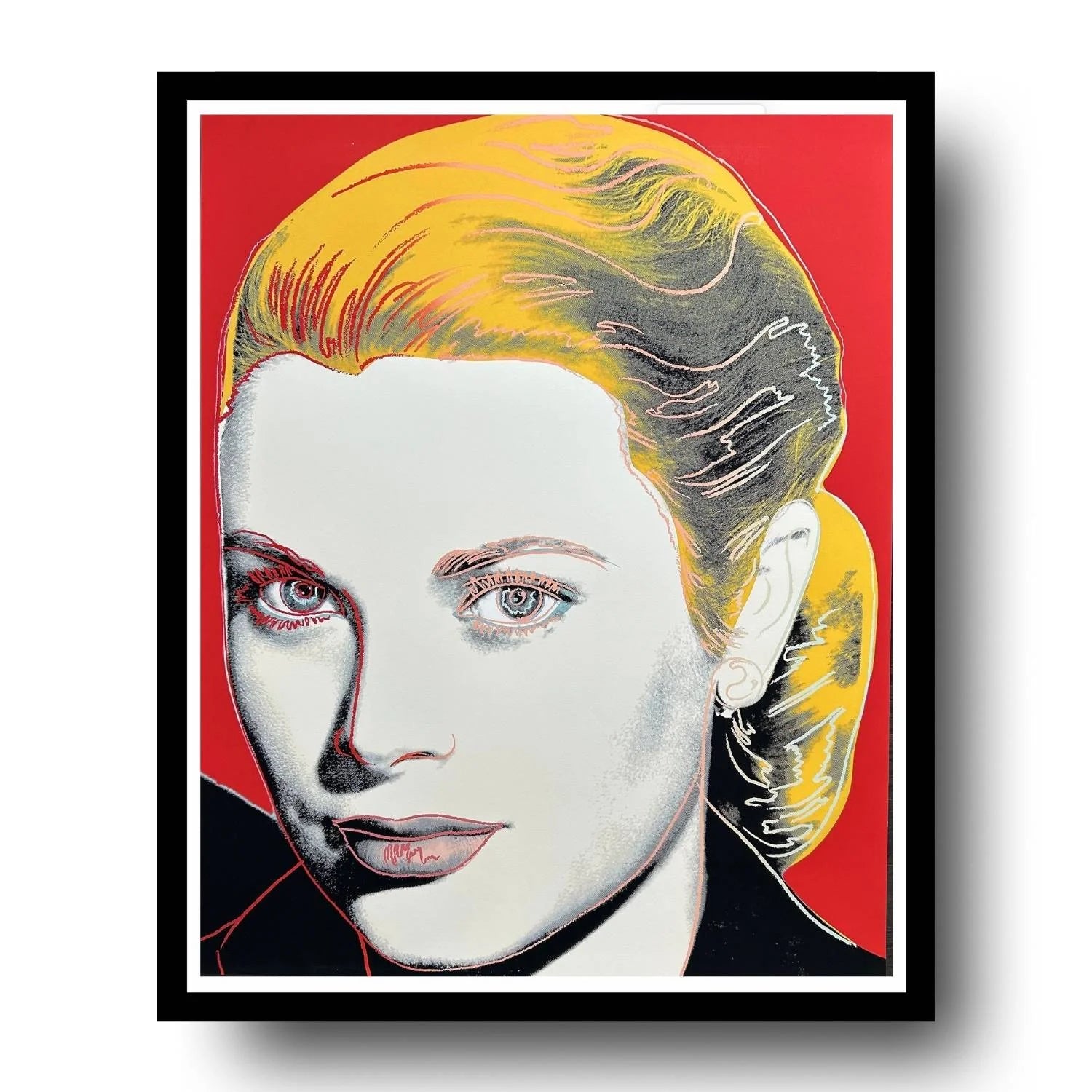 Framed artwork of a stylized portrait  of Grace Kelly with bold colors on a red background