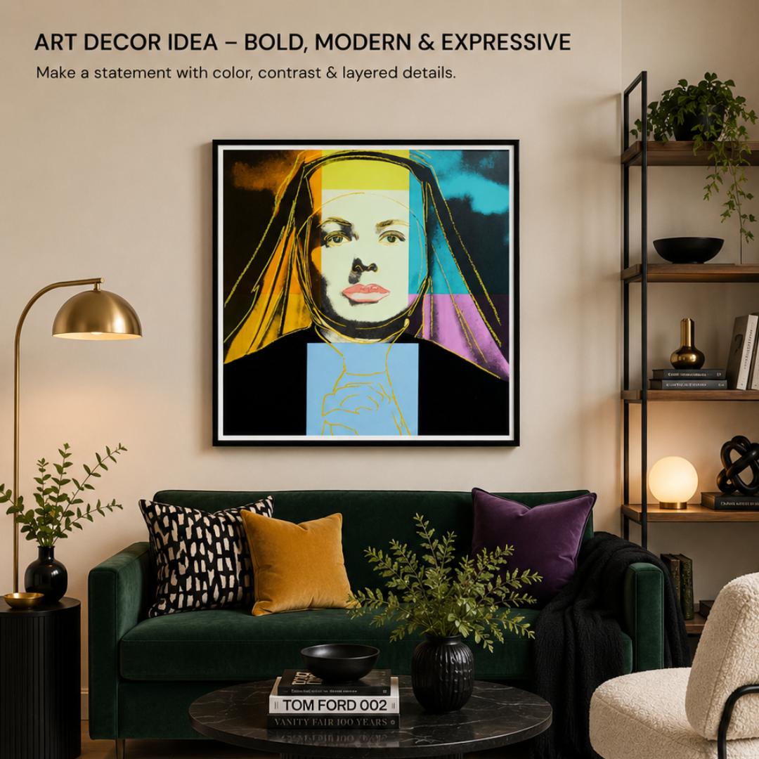 Living room with a bold, modern art piece on the wall above a green sofa.