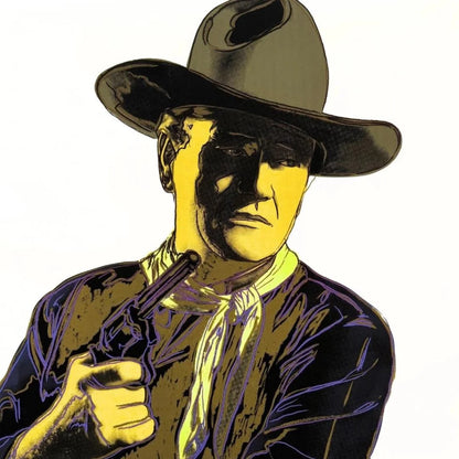 Illustration of a cowboy holding a gun with a stylized color palette.