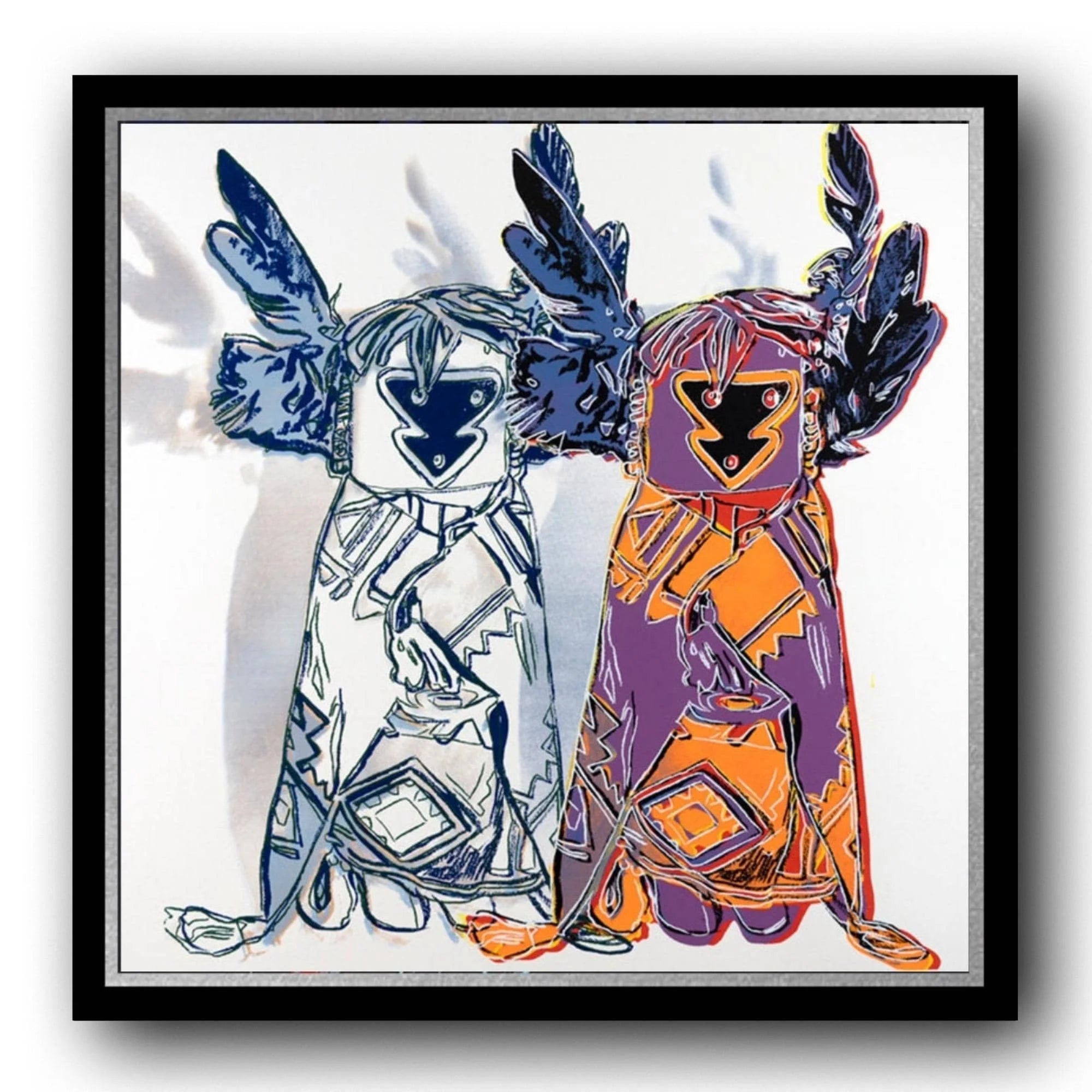 Framed artwork of two Kachina Dolls with colorful patterns on a white background