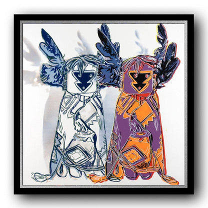 Framed artwork of two Kachina Dolls with colorful patterns on a white background
