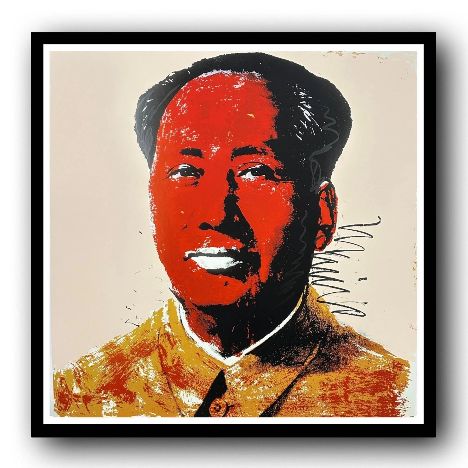 Framed artwork of a stylized portrait with bold red and black colors on a beige background
