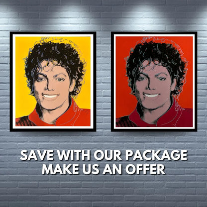 Two framed portraits of a person with text on a brick wall background