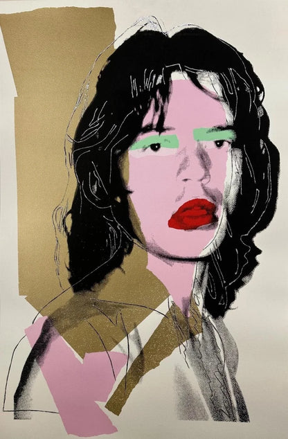 Artistic portrait of Rolling Stones Front Man Mick Jagger, with bold colors and abstract elements on a plain background