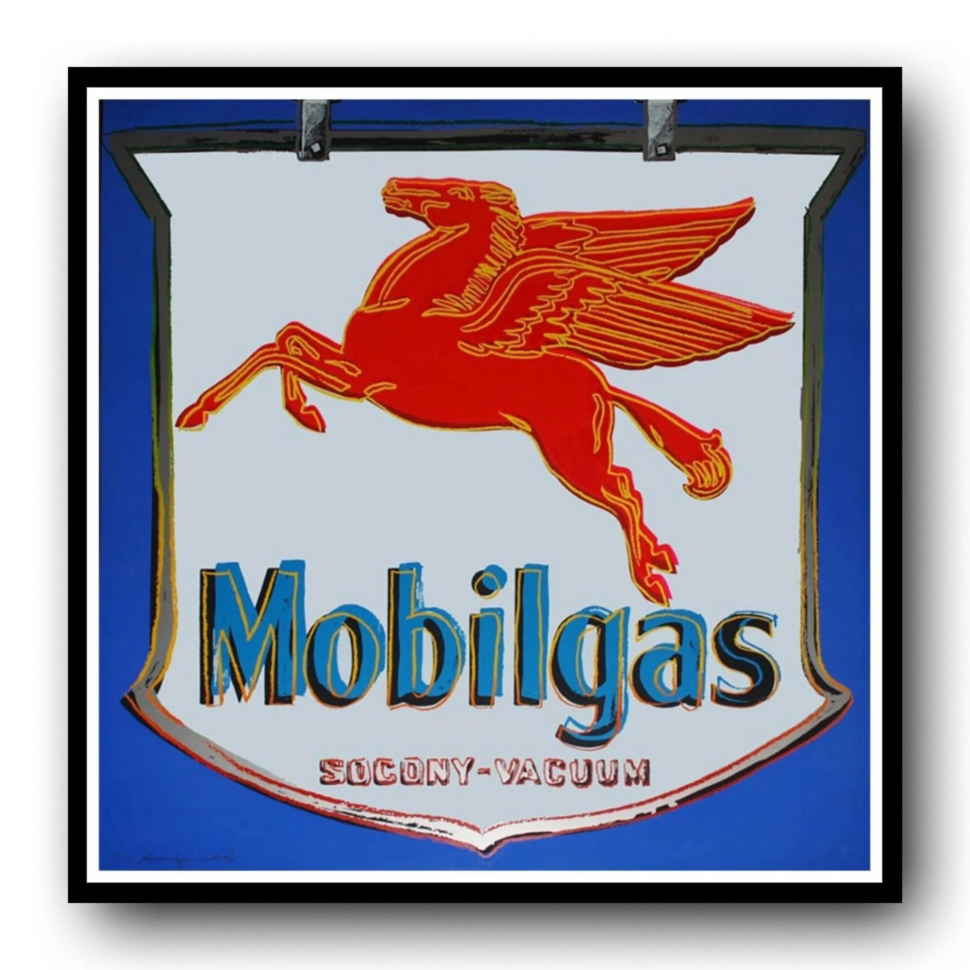 Mobilgas logo with a red winged horse on a blue and white background