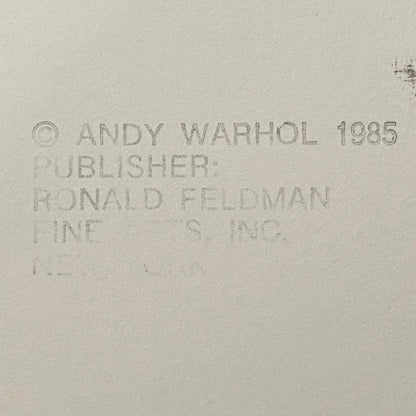 Text indicating copyright by Andy Warhol from 1985, with 'Ronald Feldman Fine Arts Inc.' listed as the publisher on a textured beige background.