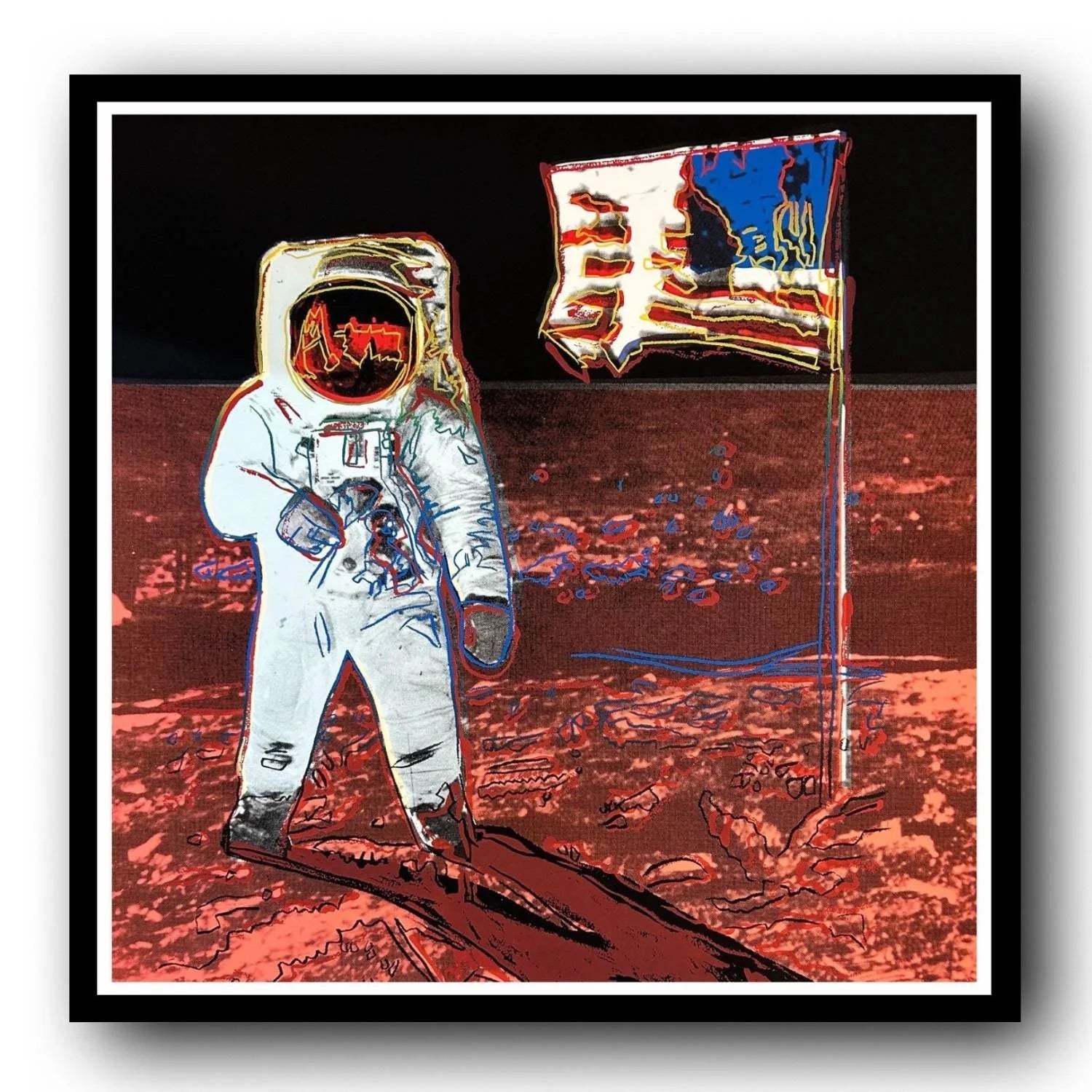 Illustration of an astronaut on the moon with a flag, framed by a black border. Andy Warhol - Moonwalk.
