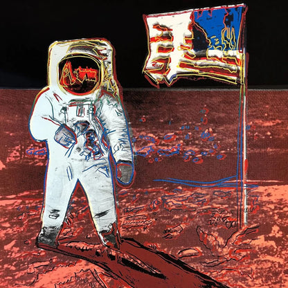 Illustration of an astronaut on the moon with a flag, set against a colorful moon and dark space background. 