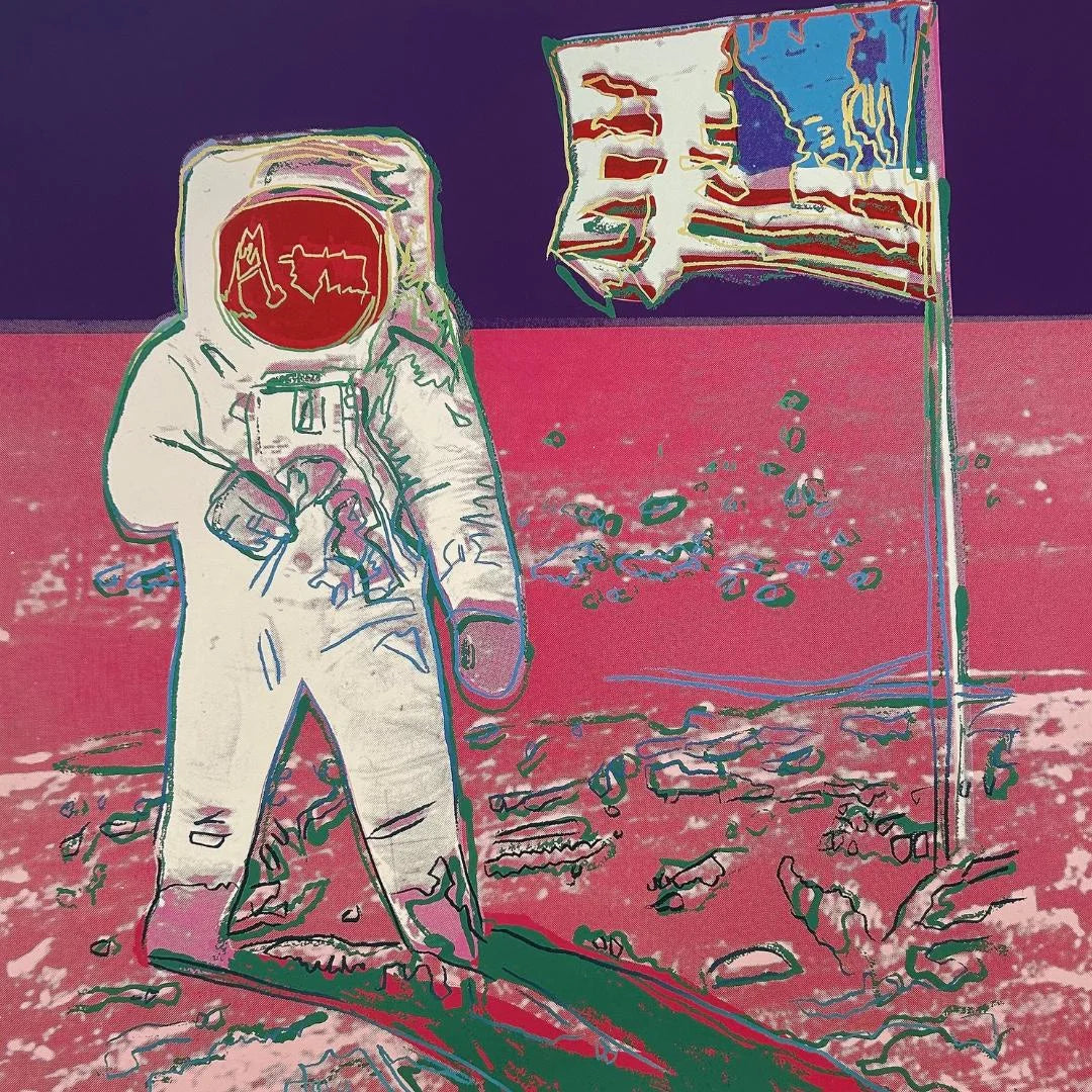 Illustration of an astronaut on the moon with a flag and space-themed background
