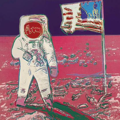 Illustration of an astronaut on the moon with a flag and space-themed background