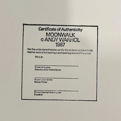 Certificate of Authenticity for Andy Warhol's 'Moonwalk' from 1987 on a beige background.