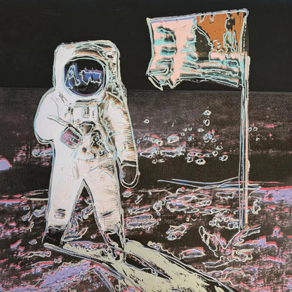 Illustration of an astronaut on the moon with a flag, set against a dark space background.