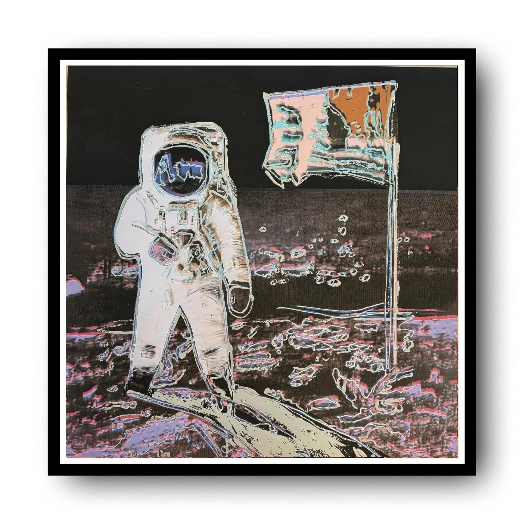 Artistic depiction of an astronaut on the moon with a flag, against a black background.