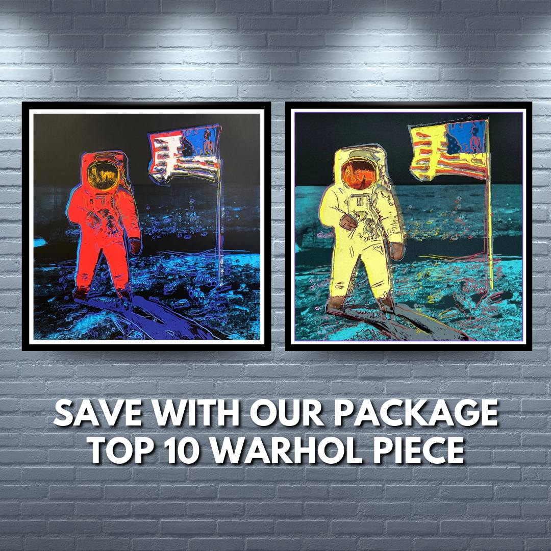 Andy Warhol Moonwalk #405 and #404 on a wall with text "Save with our package Top 10 Warhol Piece"