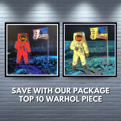 Andy Warhol Moonwalk #405 and #404 on a wall with text "Save with our package Top 10 Warhol Piece"
