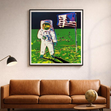 Andy Warhol Moonwalk green trial above leather couch 