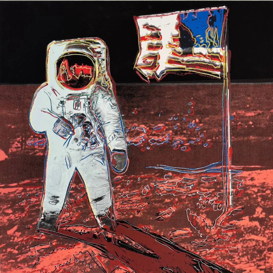 Metallic astronaut and flag on a red surface with black background