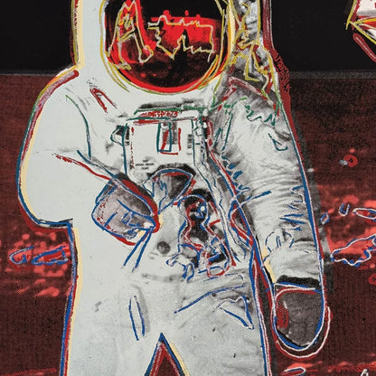 Illustration of an astronaut in a space suit with a red helmet against a dark background